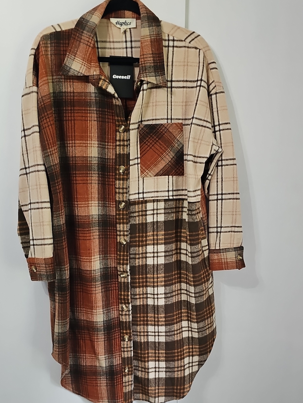 Plaid Button-Front Long Shacket - Brown Multi
